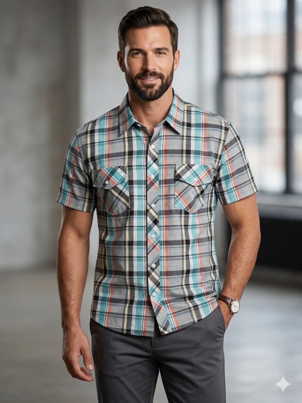 Blue Gear Men’s 5XL Big & Tall Plaid Short Sleeve Button Down Shirt- Multi-Color
